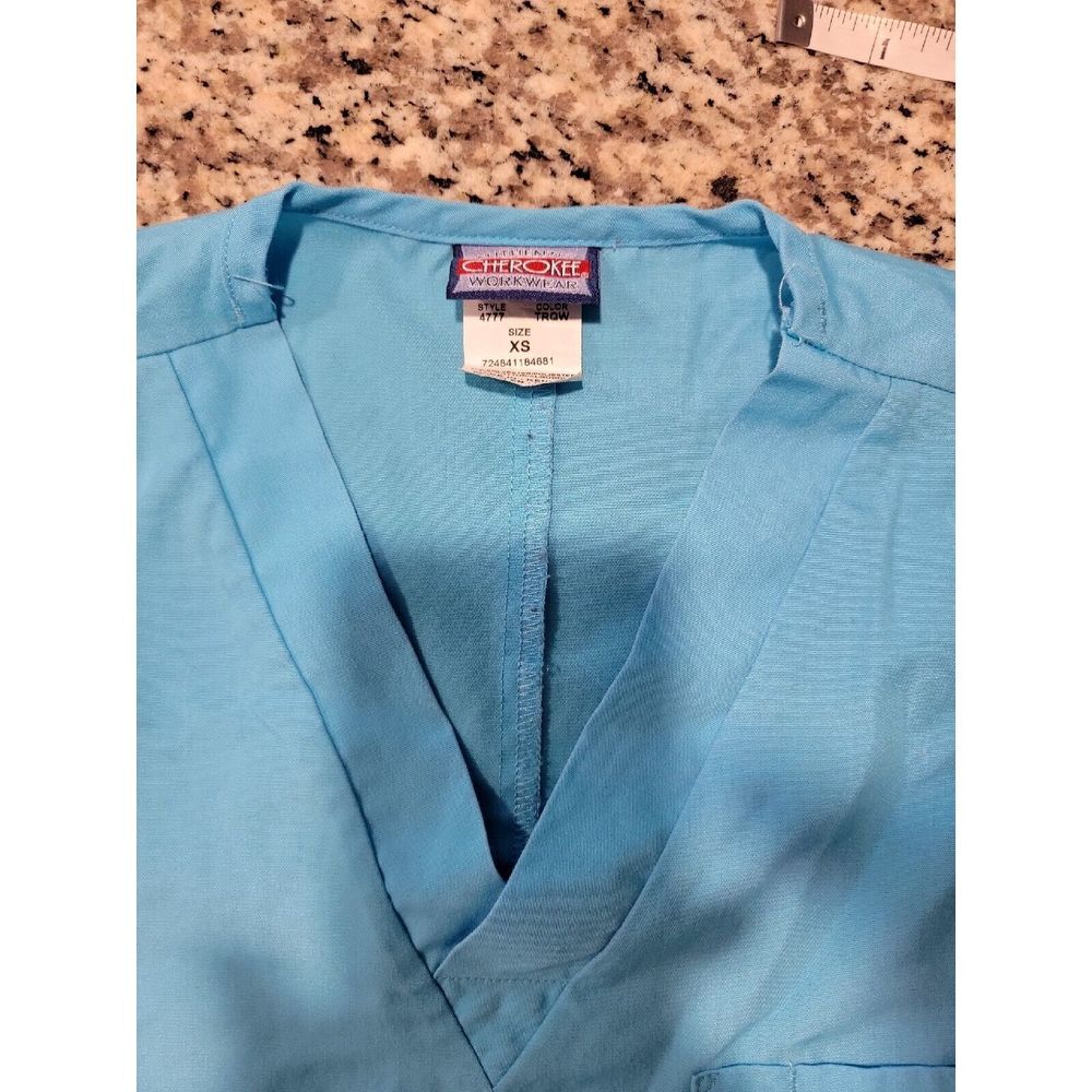 Cherokee Workwear Unisex 4777 Fit Blue Scrub Top Pocket sz XS